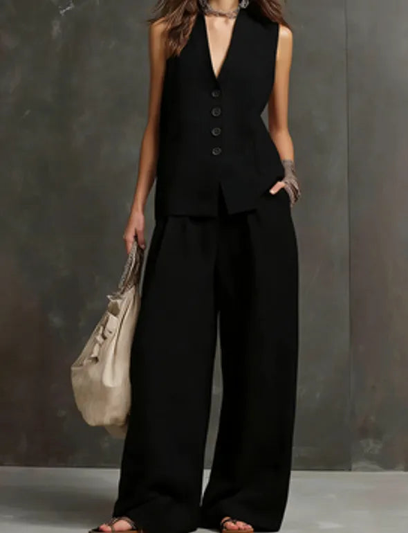 Linen-Blend Waistcoat & Wide-Leg Pants Set