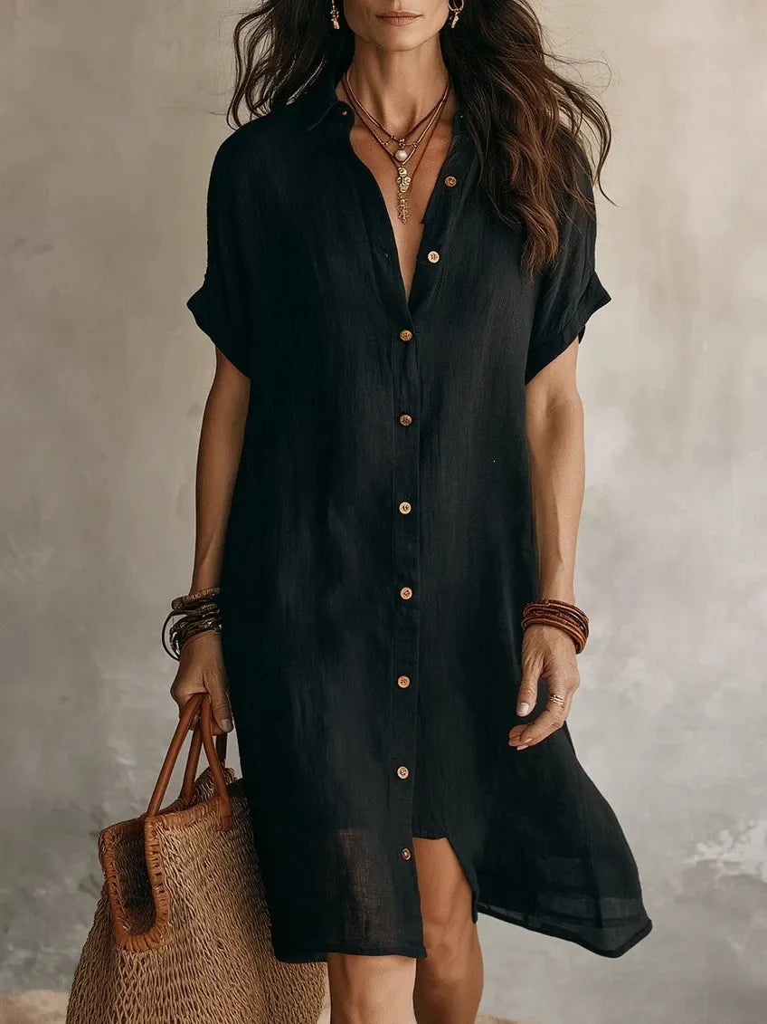 Lapel Cuff Sleeve Button Front Linen Shirt Midi Dress