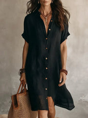 Lapel Cuff Sleeve Button Front Linen Shirt Midi Dress