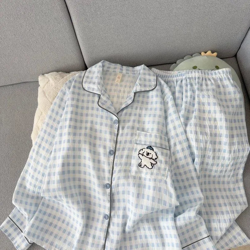 Light Blue Leopard Shirt & Pants 2 Piece Pajamas with Pocket Embroidery