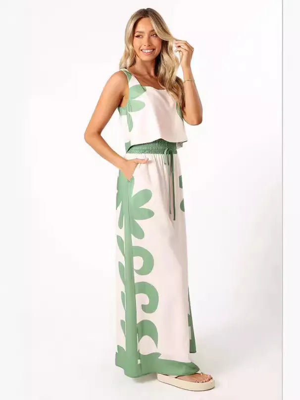 Green White Floral Print Sleeveless Top & Wide Leg Pants Two Piece Set