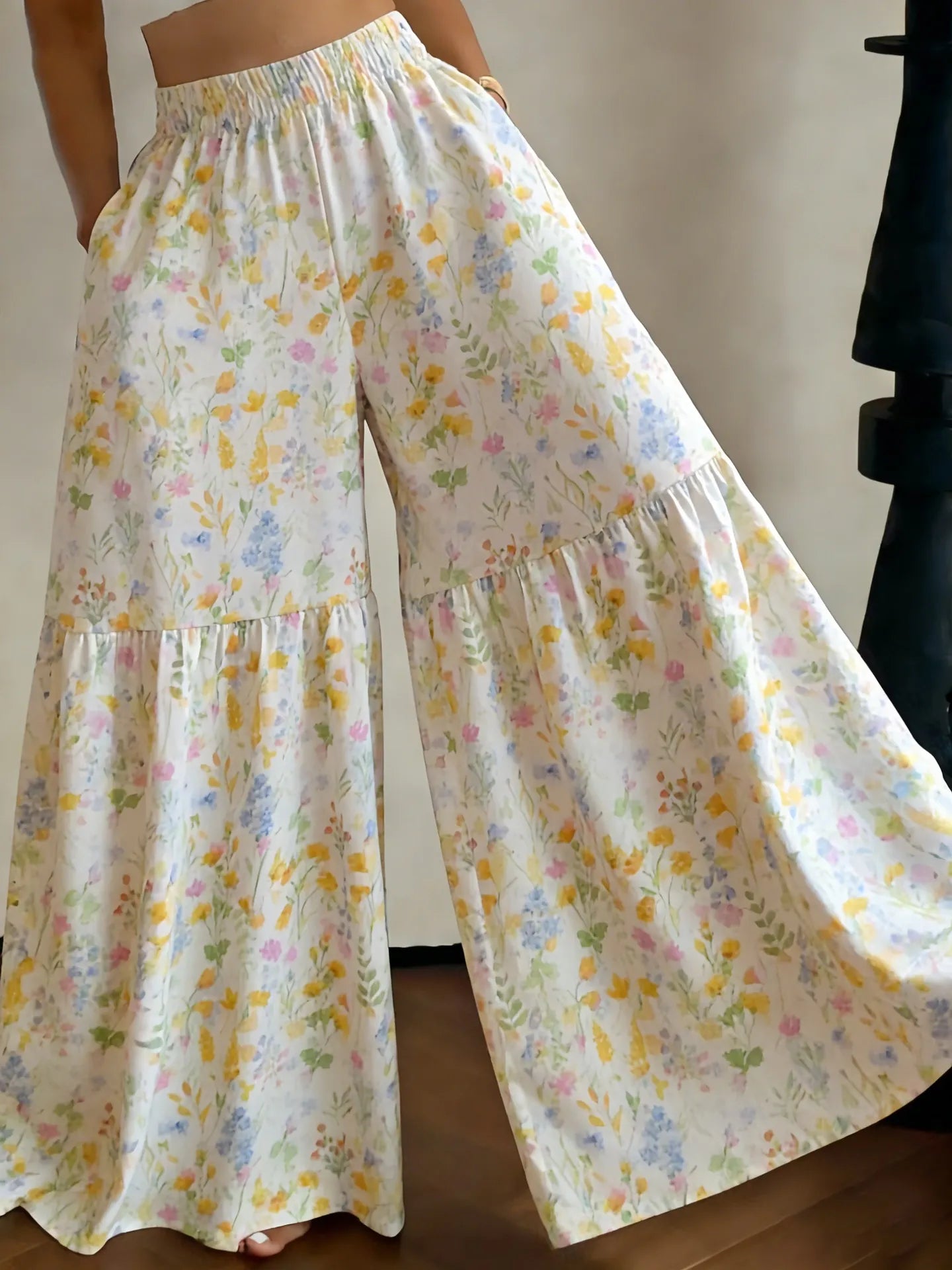 Elastic High Waist Floral Print Ruffle Wide Leg Palazzo Pants