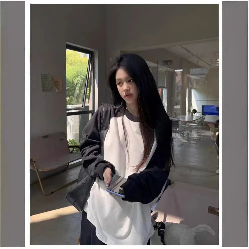 Oversized Contrast Color Raglan Long Sleeve Crew Neck Casual T-Shirt