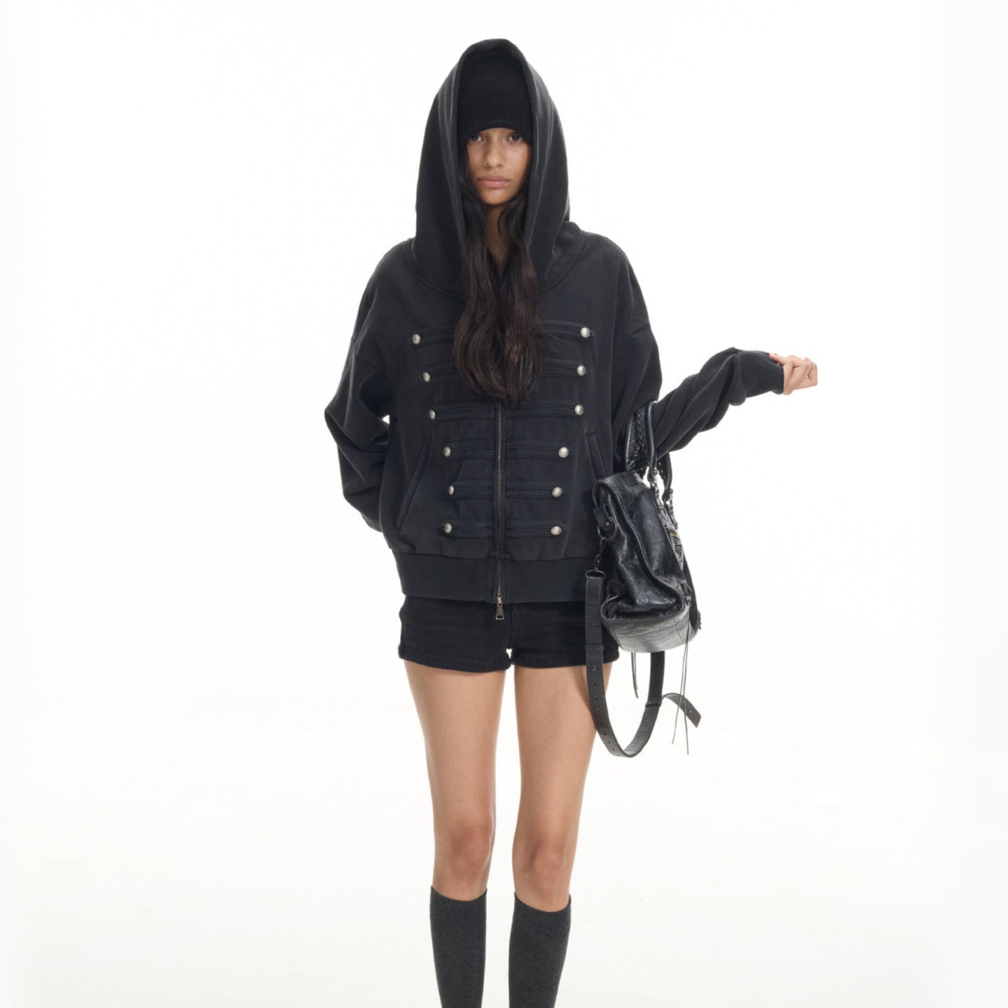 Oversized Hooded Sweatshirt Jacket, Dark Wash Decor Button Front Zip Up Hoodie