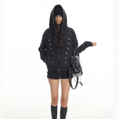 Oversized Hooded Sweatshirt Jacket, Dark Wash Decor Button Front Zip Up Hoodie