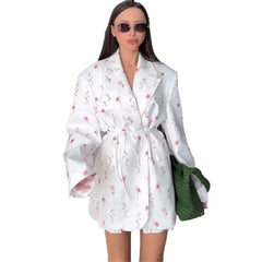 Floral Print Blazer Dress, Long Sleeve Loose Fit Jacket