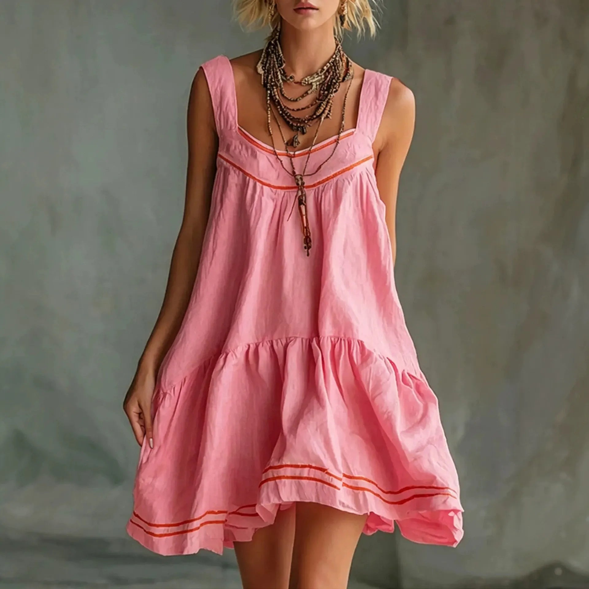Color Stripe U-Neck Sleeveless Loose Tiered Ruffle Mini Sundress