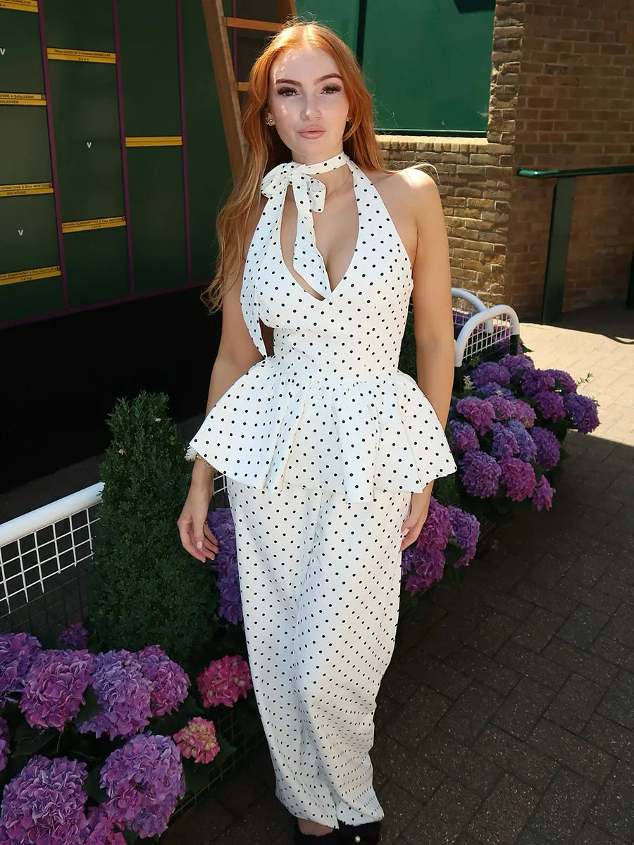 Polka Dot Halter Neck Tie Front Peplum Top and Wide Leg Pants 2 Piece Set