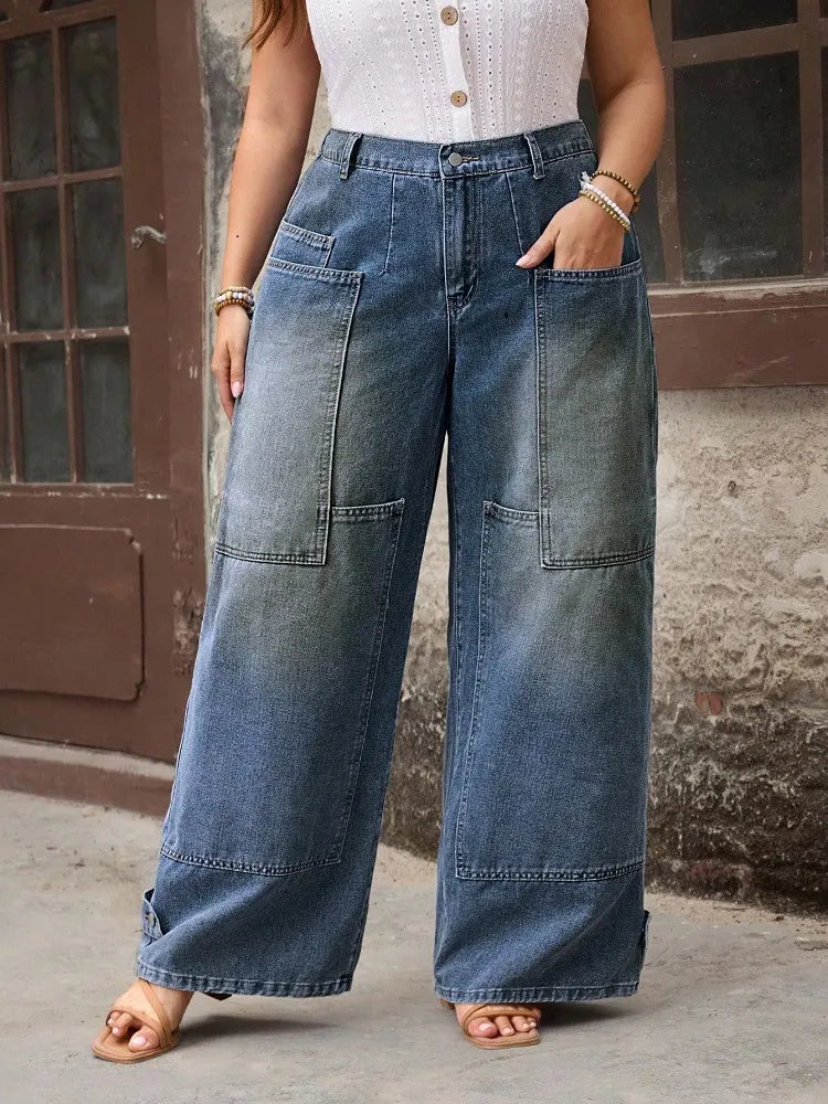 Plus Size Patch Pocket Wide Leg Jeans