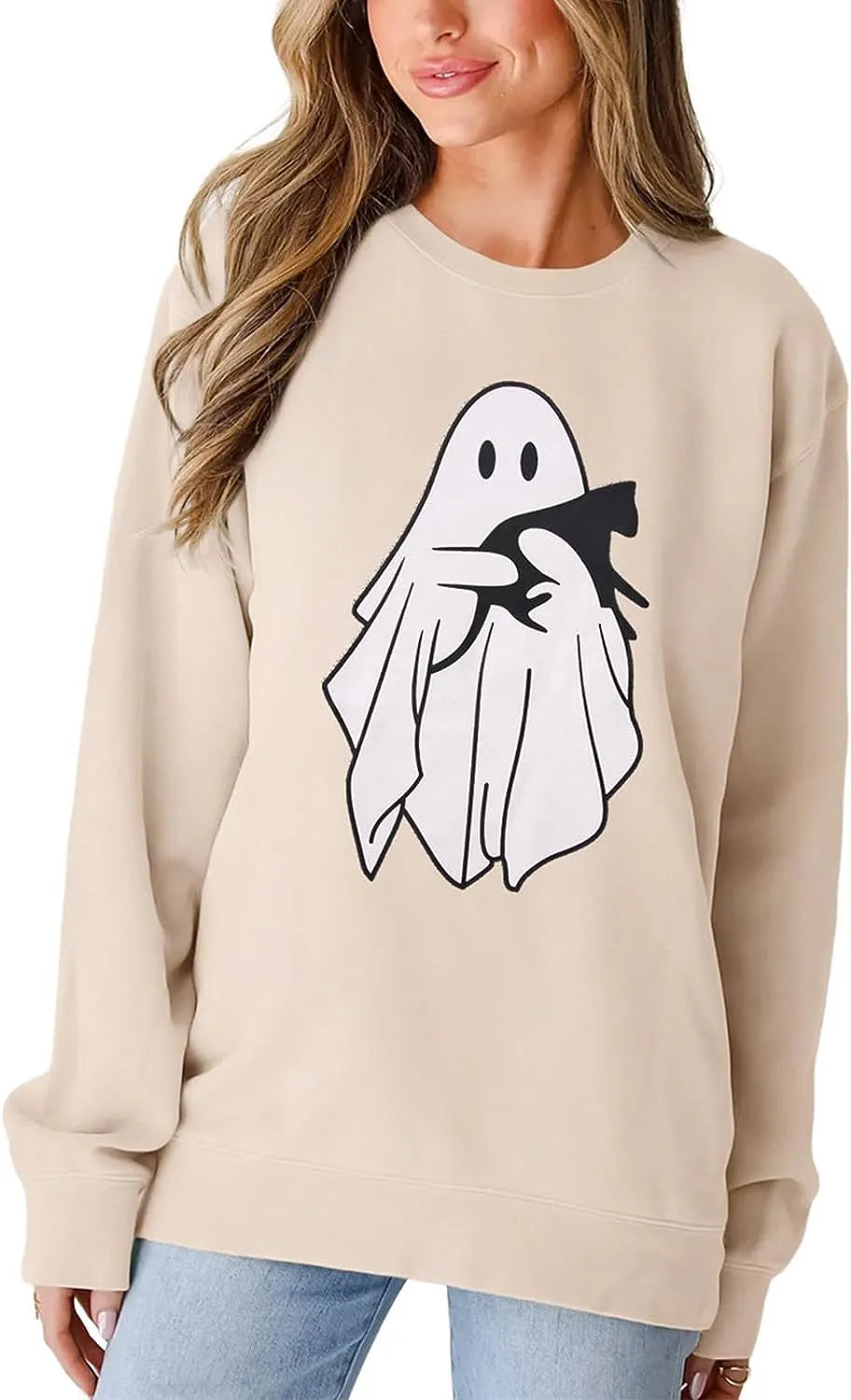 Halloween Pink Ghost On Wednesdays We Wear Pink Print Crew Neck Sweatshirt
