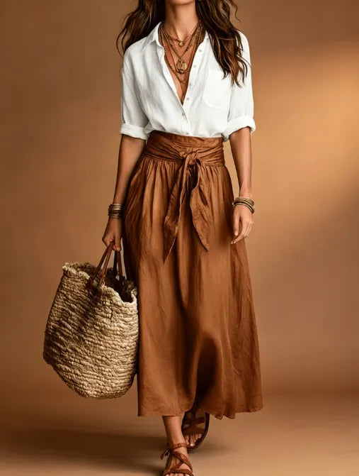 Color Matching Long Sleeve Shirt & Tie Waist Midi Skirt Two Piece Set