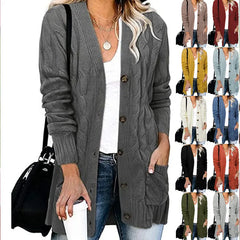 Casual Long Sleeve Cable Knit Cardigan Ladies Mid Length Open Front Button Sweater Jacket