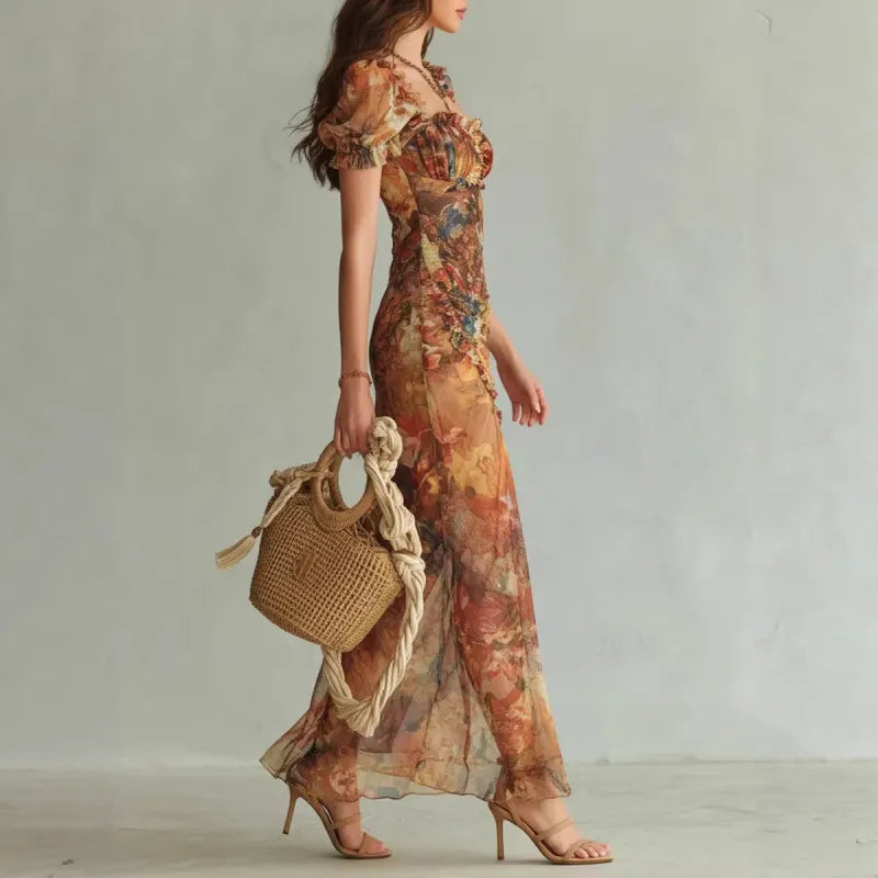 Floral Square Neck Puff Sleeve High-Slit Maxi Dress