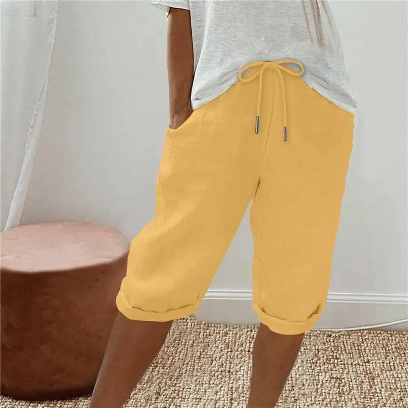 Cotton Linen Drawstring Waist Capri Pants,