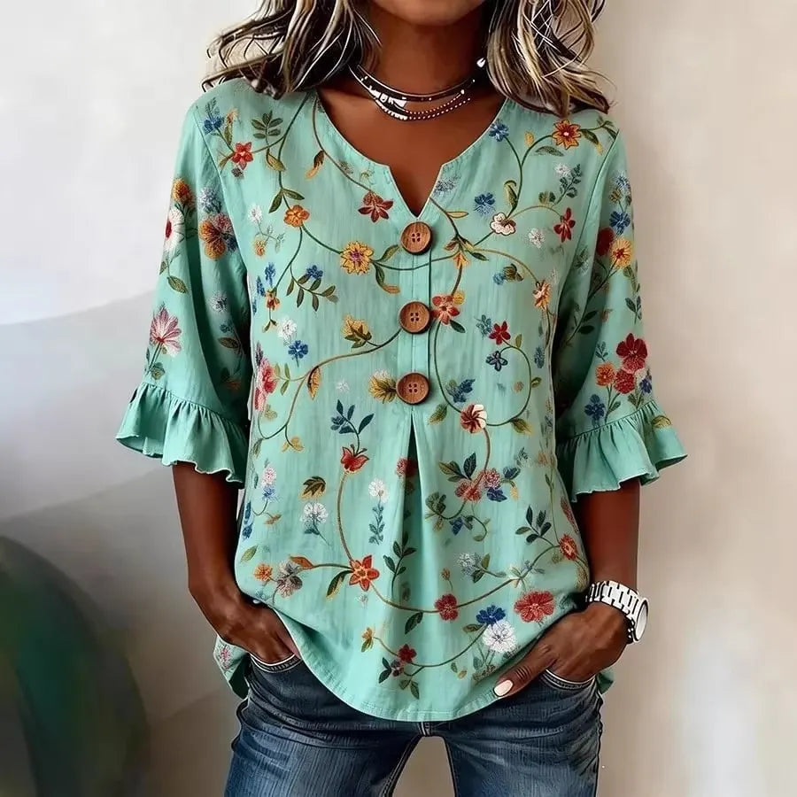 Round Neck Floral Printed Single Breasted 3/4 Ruffle Sleeve Loose Blouse