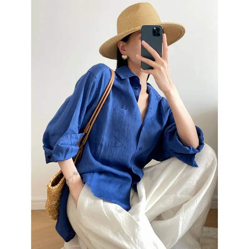 Solid Linen Chest Pocket Oversized Long Sleeve Button Shirt