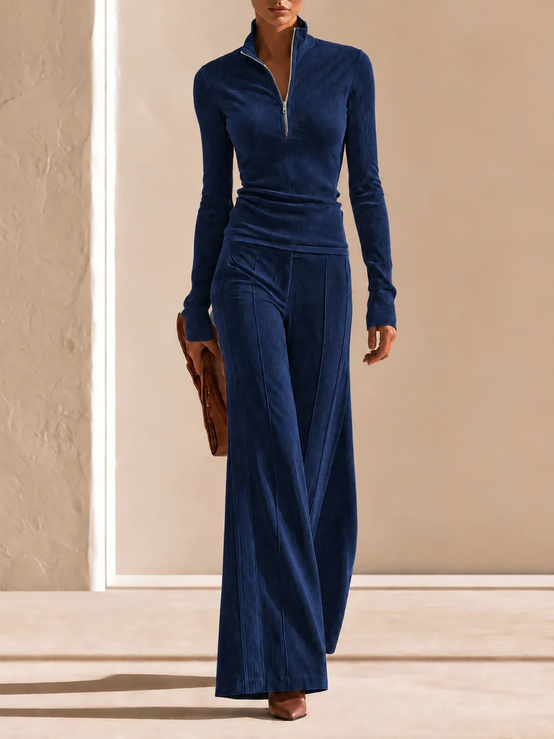 Ribbed Corduroy Matching Set Long Sleeve Quarter Zip Top High Waist Flare Trousers