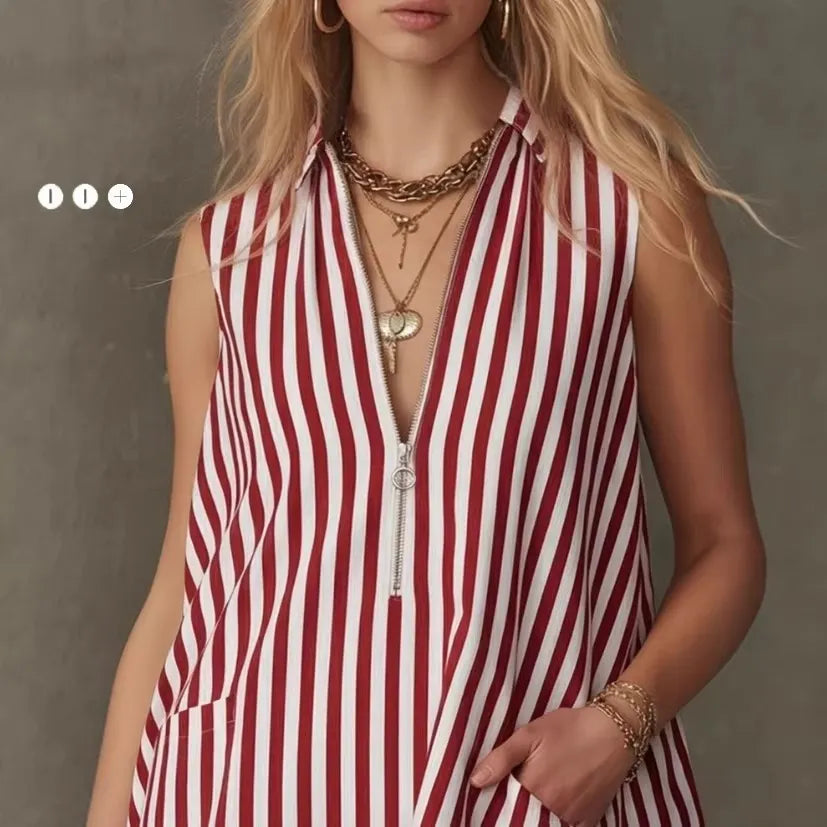 V-Neck Sleeveless Striped Ruffle Hem Loose A-Line Mini Dress