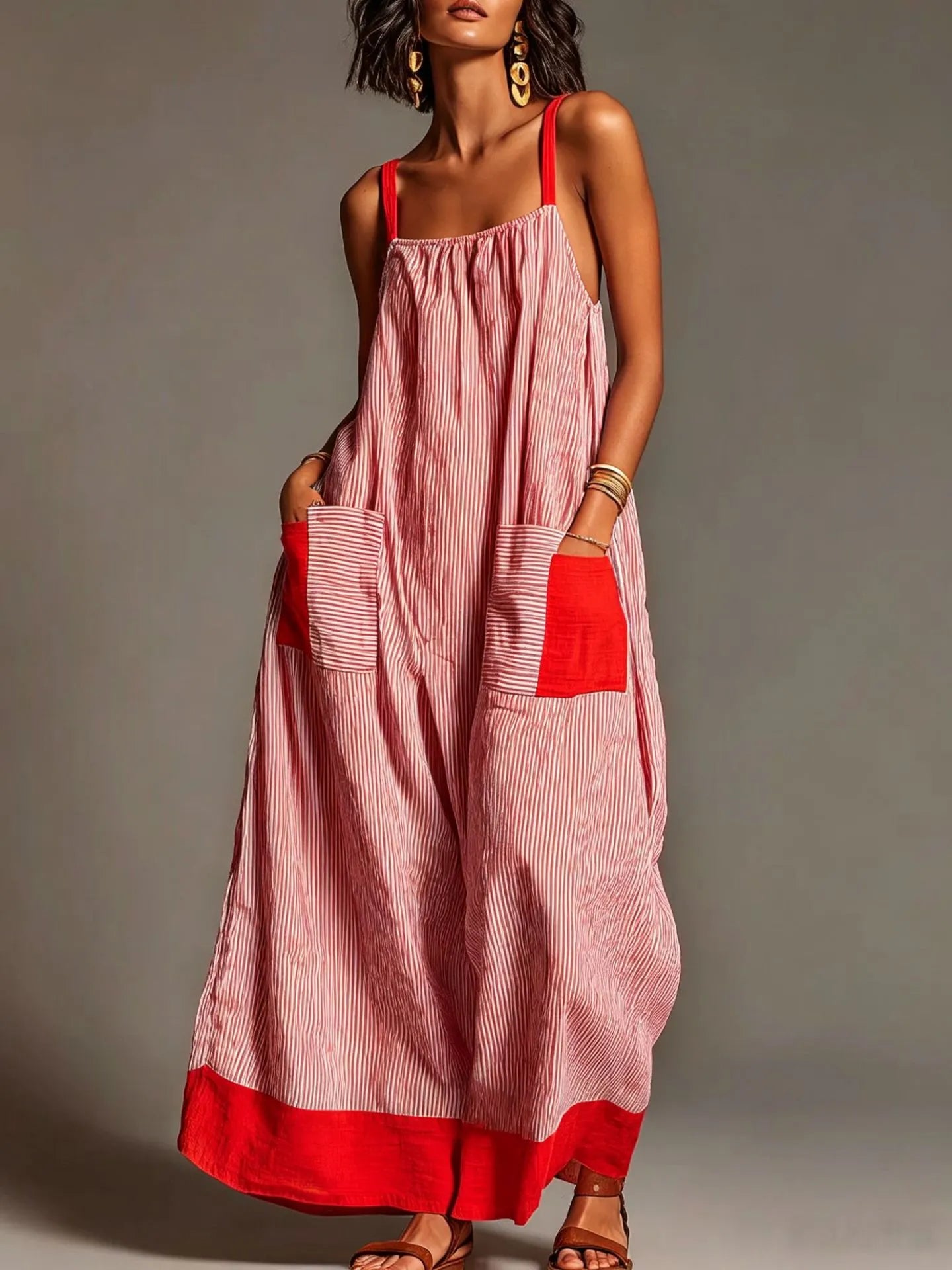 Stripe Color Block Pocket Sling Long Dress