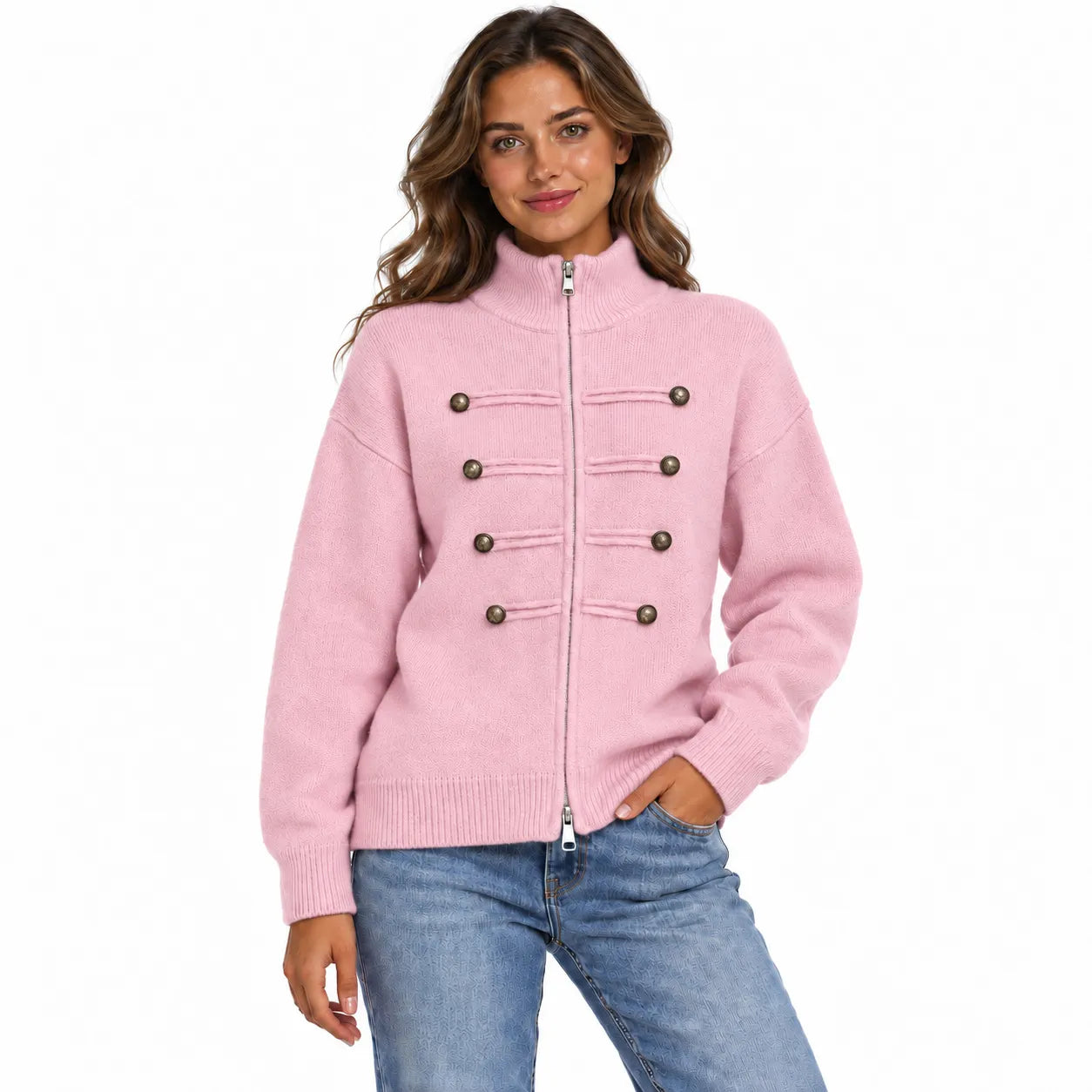 Stand Collar Zip Up Knit Cardigan, Double Breasted Decorative Button Sweater Jacket