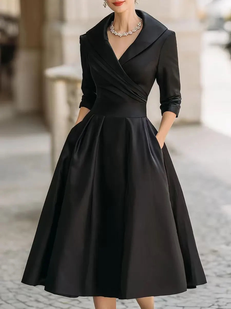 Lapel Collar Ruched Wrap Front 3/4 Sleeve A Line Midi Cocktail Dress