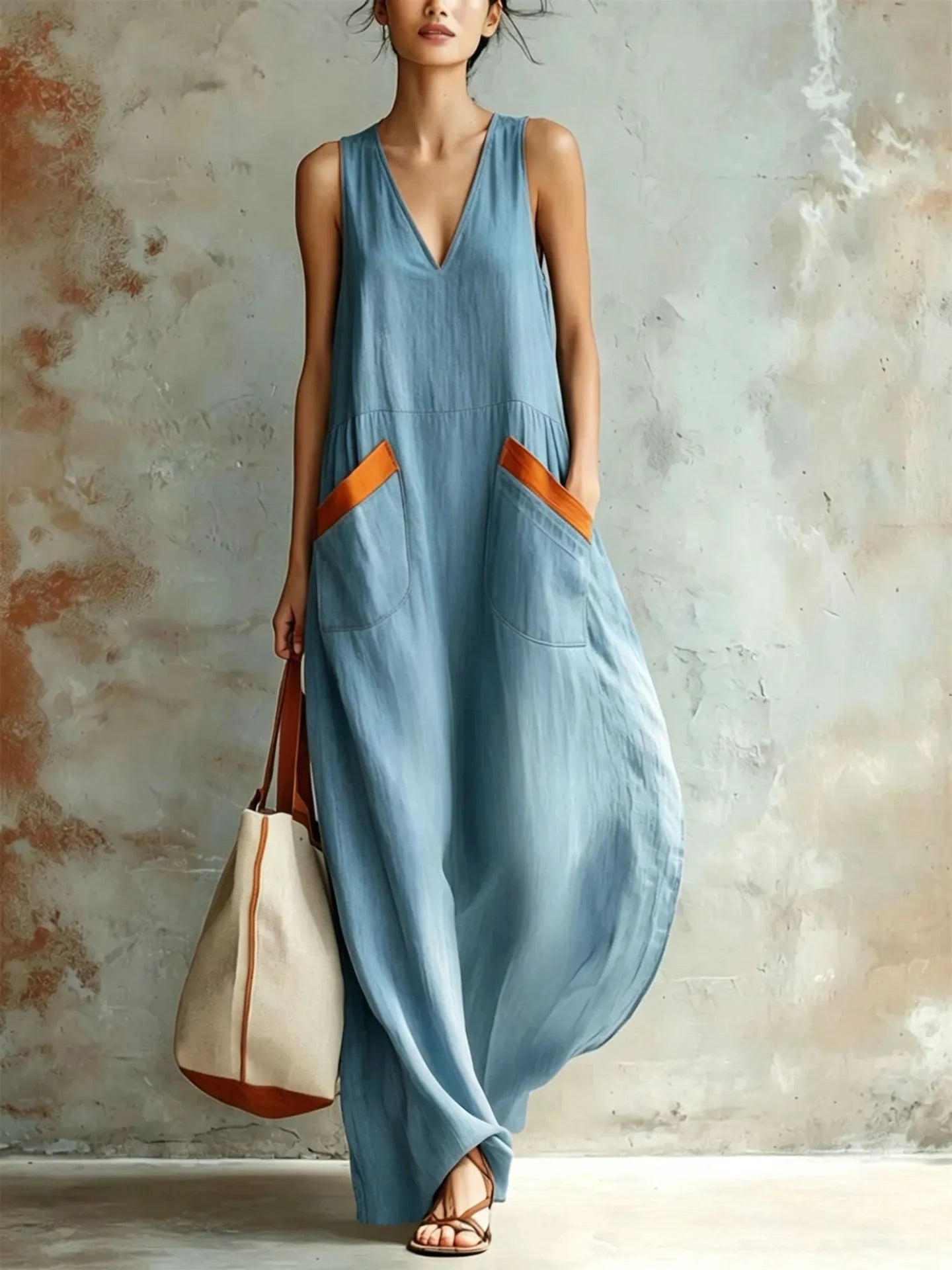 Sleeveless V-Neck Casual Loose Tunic Dress