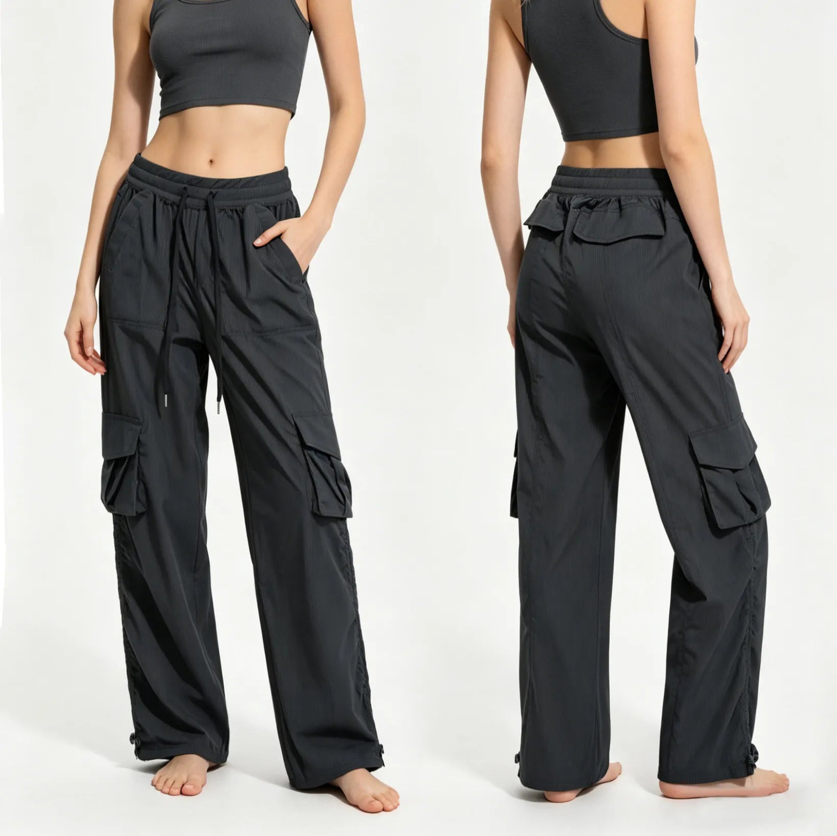 Matching Flowy Linen Look Drawstring Waist Multi Pocket Straight Cargo Street Casual Long Pants