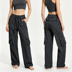 Matching Flowy Linen Look Drawstring Waist Multi Pocket Straight Cargo Street Casual Long Pants