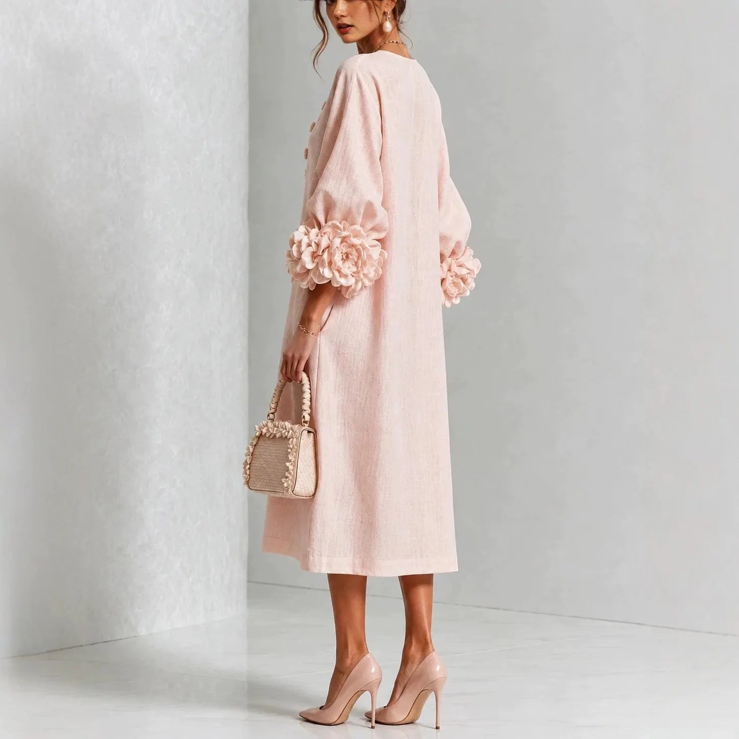 Light Pink Linen Midi Dress, 3D Floral Puff Sleeve Round Neck Button Front Loose Dress With Pockets