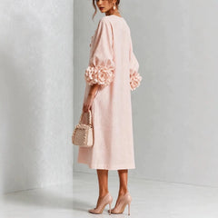Light Pink Linen Midi Dress, 3D Floral Puff Sleeve Round Neck Button Front Loose Dress With Pockets
