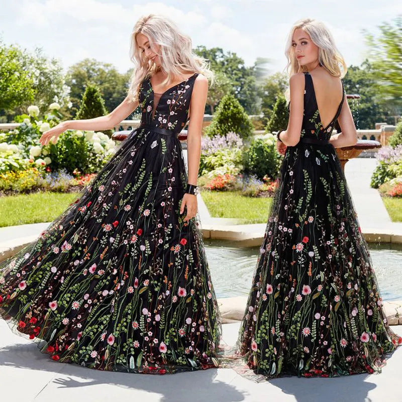 Deep V Sleeveless 3D Floral Embroidery Tulle Maxi Evening Dress