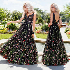 Deep V Sleeveless 3D Floral Embroidery Tulle Maxi Evening Dress