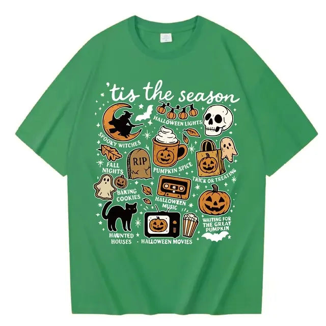 Halloween Retro Letter Graphic Crew Neck Short Sleeve T‑Shirt