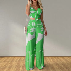 Geometric Print Tie Front Cami Top and High Waist Wide Leg Pants Set