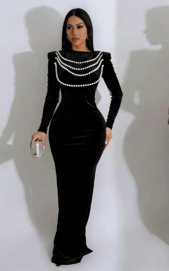 Solid Pearl Beaded Round Neck Long Sleeve High Waist Velvet Mermaid Maxi Dress