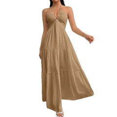 White Halter V-Neck Tiered Maxi Dress