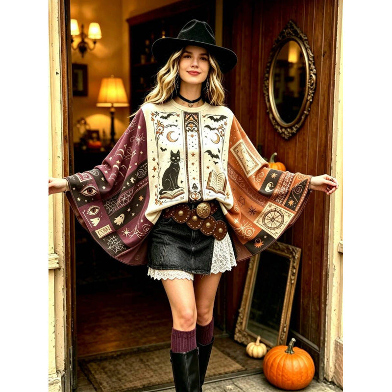 Retro Autumn Halloween Top, Crew Neck Ghost & Pumpkin Print Mixed Pattern Bell Long Sleeve Shirt