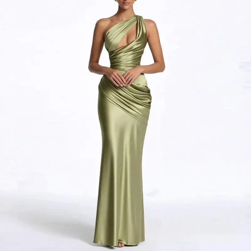 One Shoulder Cutout Satin Mermaid Evening Maxi Dress
