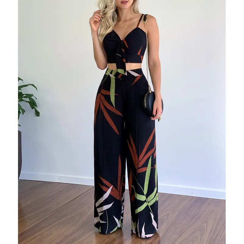 Geometric Print Tie Front Cami Top and High Waist Wide Leg Pants Set