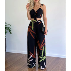 Geometric Print Tie Front Cami Top and High Waist Wide Leg Pants Set