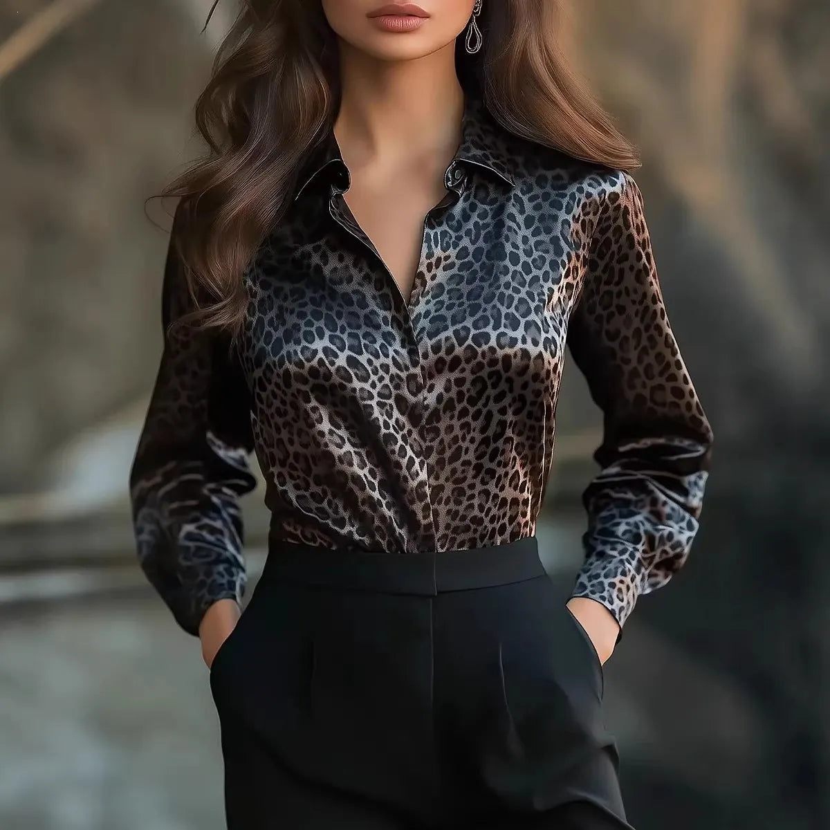 Zebra Print Satin Long Sleeve Button Down Shirt,