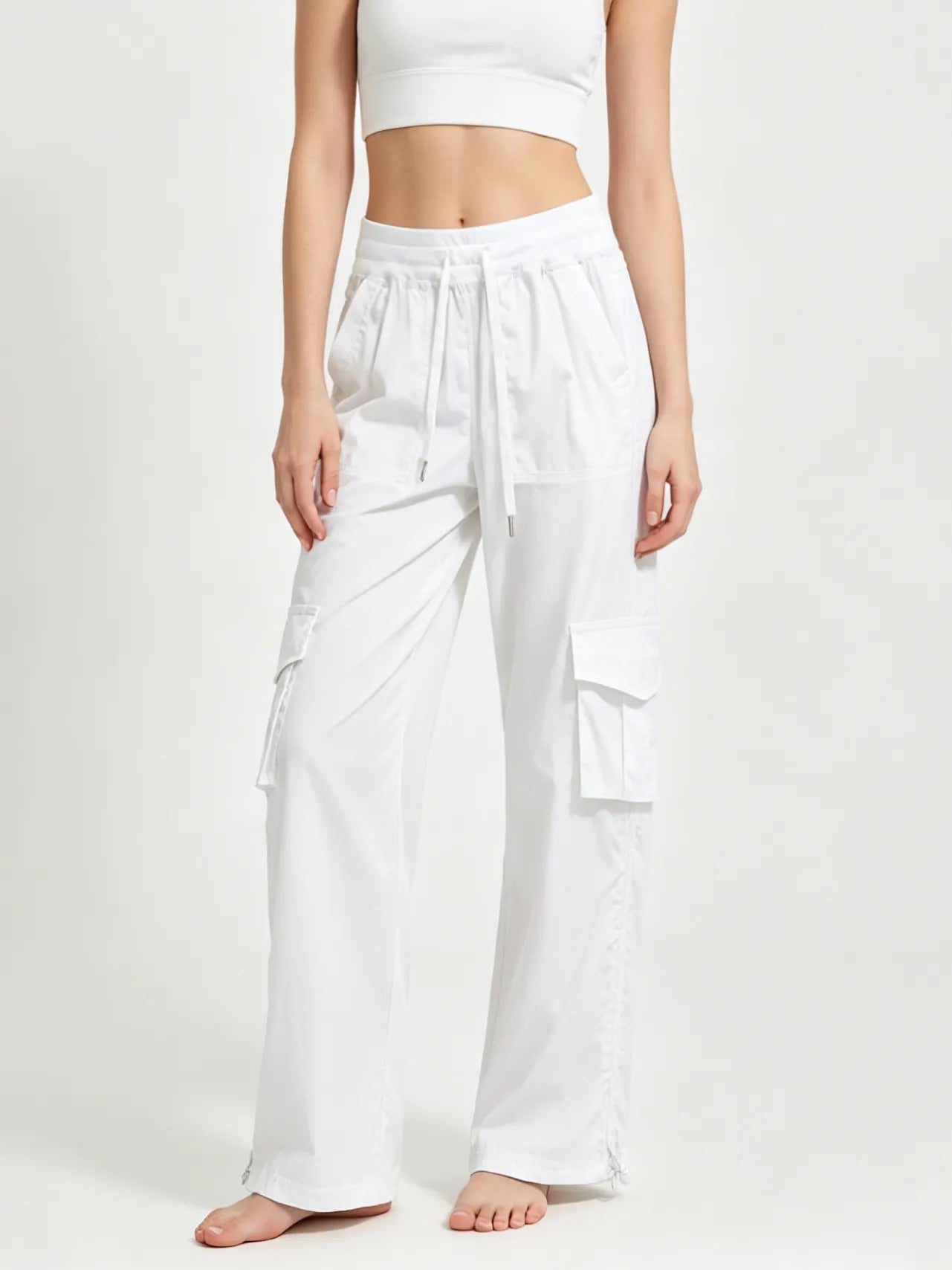 Matching Flowy Linen Look Drawstring Waist Multi Pocket Straight Cargo Street Casual Long Pants