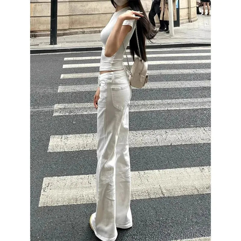 Low Rise Solid White Flare Denim Jeans