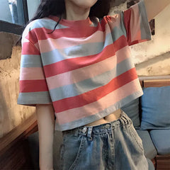 Striped Round Neck Short Sleeve Loose Crop Top