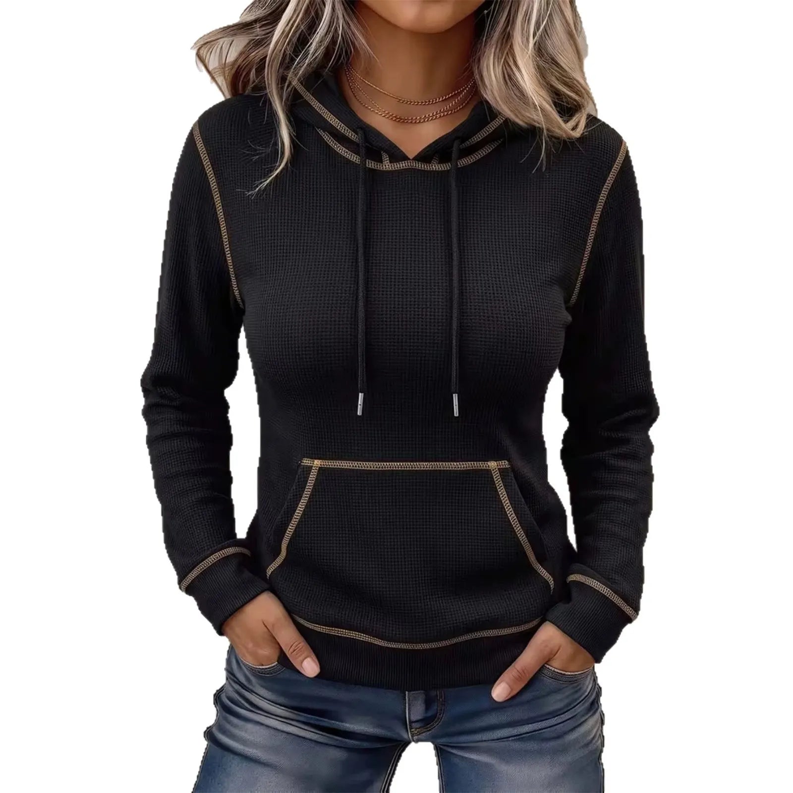 Casual White Waffle Knit Hoodie for Contrast Stitching Long Sleeve Pullover