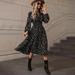 V‑neck Floral Lantern Sleeve Midi Dress