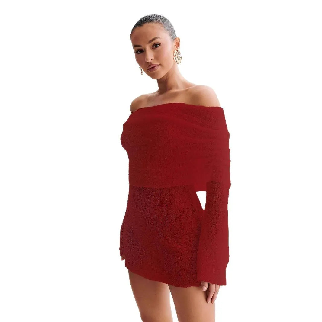 Blue Off-Shoulder Foldover Neck Mini Dress - Bell Sleeve Knit Bodycon Dress