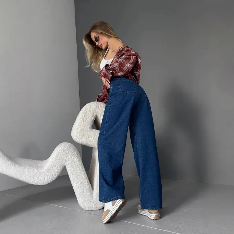 High Waist Stone Washed Dark Blue Slight Stretch Wide Leg Denim Long Jeans