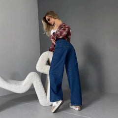 High Waist Stone Washed Dark Blue Slight Stretch Wide Leg Denim Long Jeans
