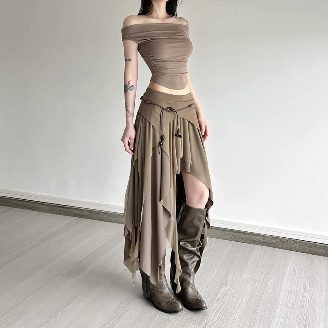 Vintage Irregular Patchwork High Waist Flowy Maxi Skirt